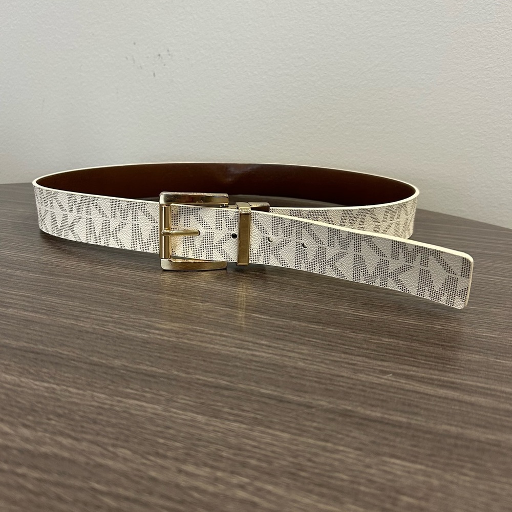 Michael Kors White and Brown Monogram Leather Gold Buckle Belt - Picture 1 of 8